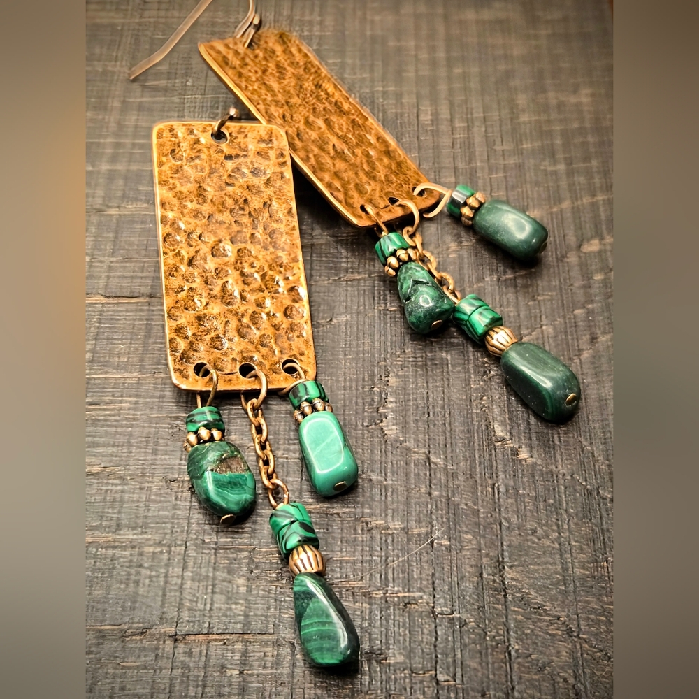 Ancient Egypt's Malachite Stones In A Rectangle Hammered Copper Long EarringsI